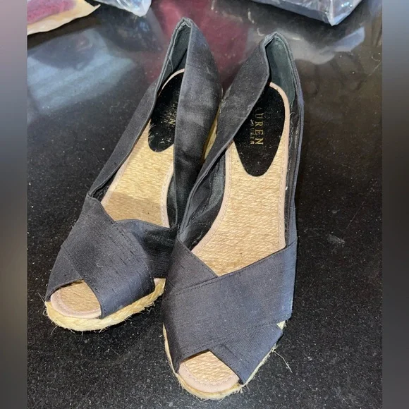 Lauren Ralph Lauren Cecilia Black Shantung Silk Espadrille Wedge sandals - Picture 2 of 8